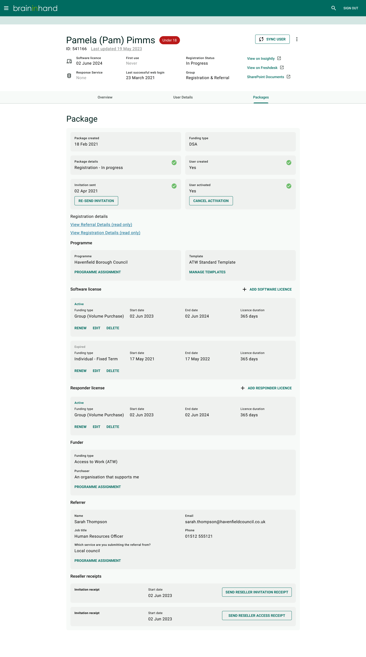 Brain in Hand Package Short-Term Solution screen