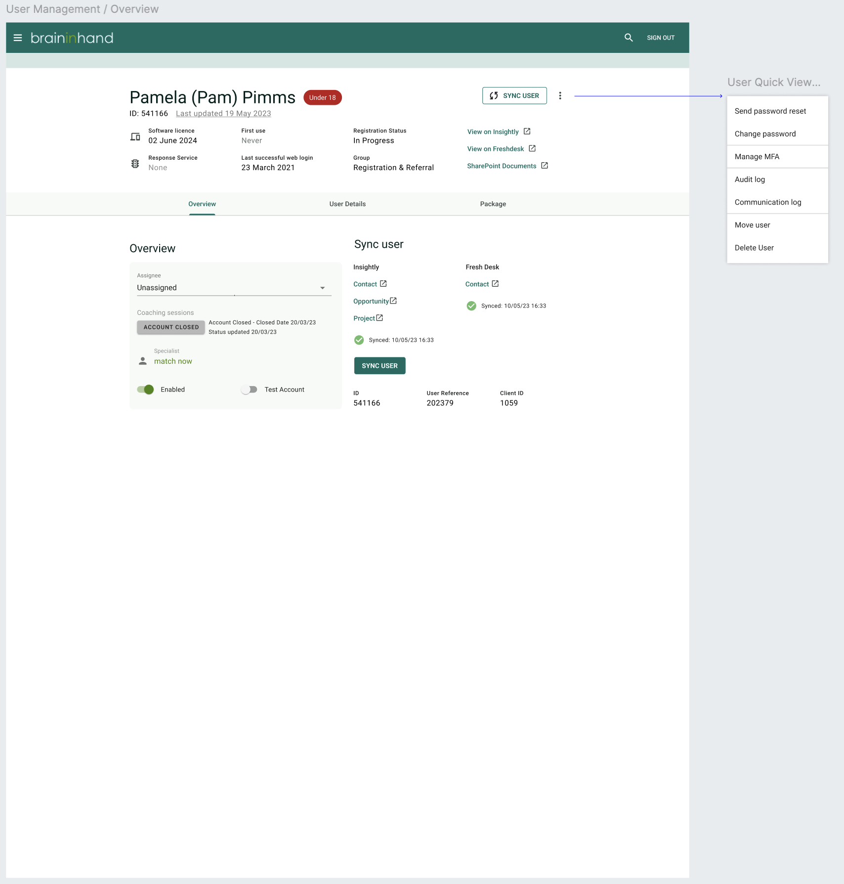 Brain in Hand full profile interface with navigation menu expanded