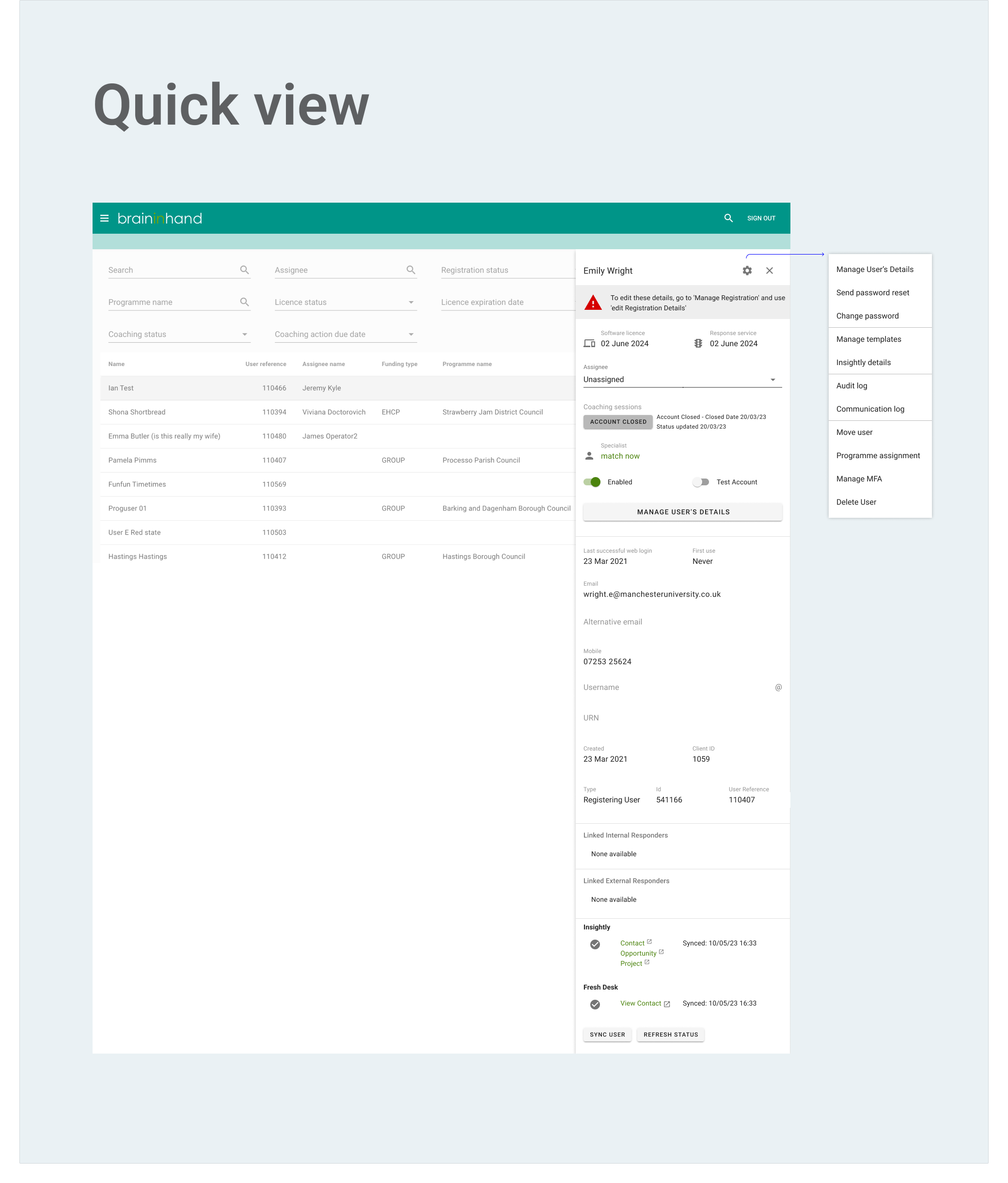 Ready for development annotated Quickview screen