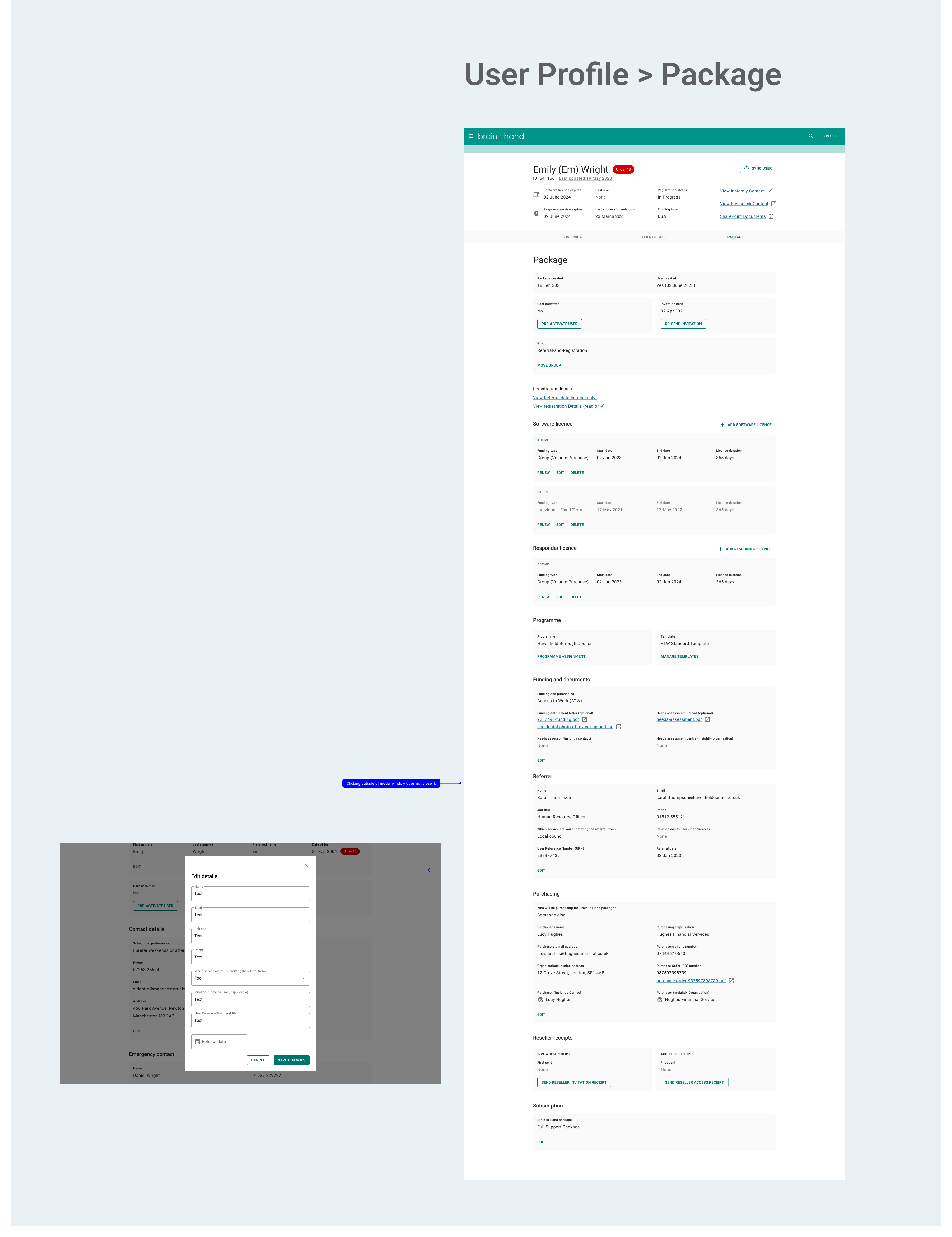 Ready for development annotated User Profile User Details Tab Packages screen