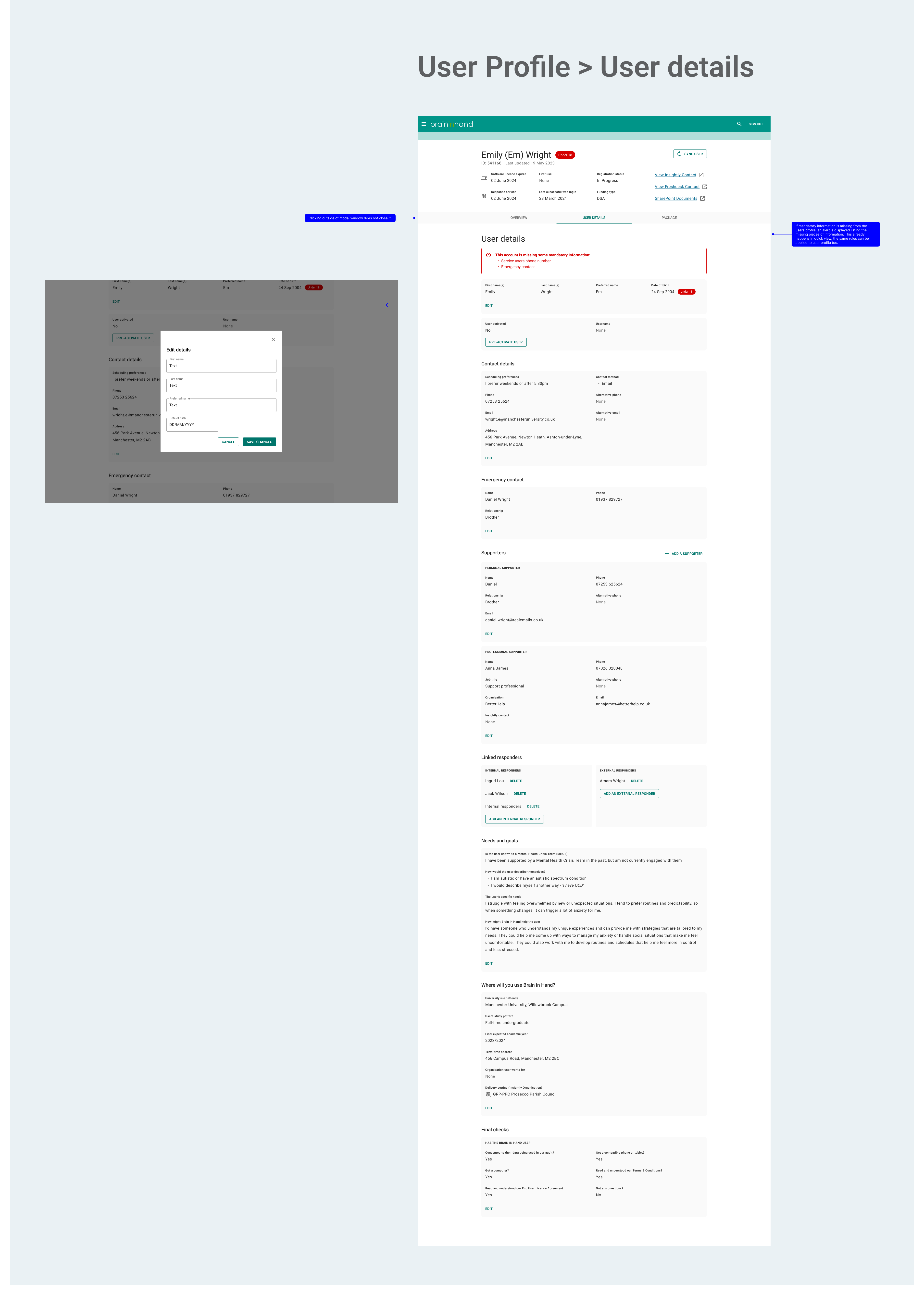 Ready for development annotated User Profile User Details Tab screen