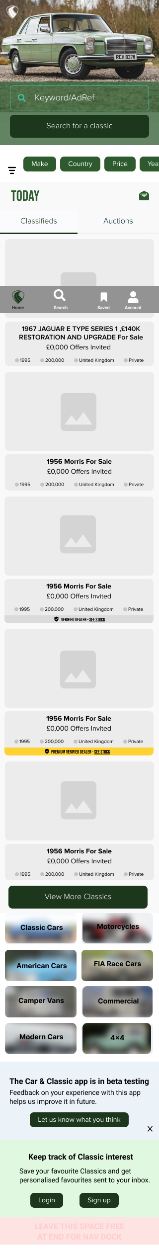 Car & Classic mobile app home screen