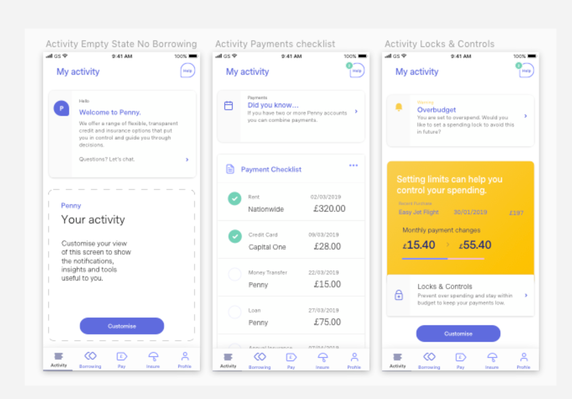 Activity dashboard wireframes for Penny