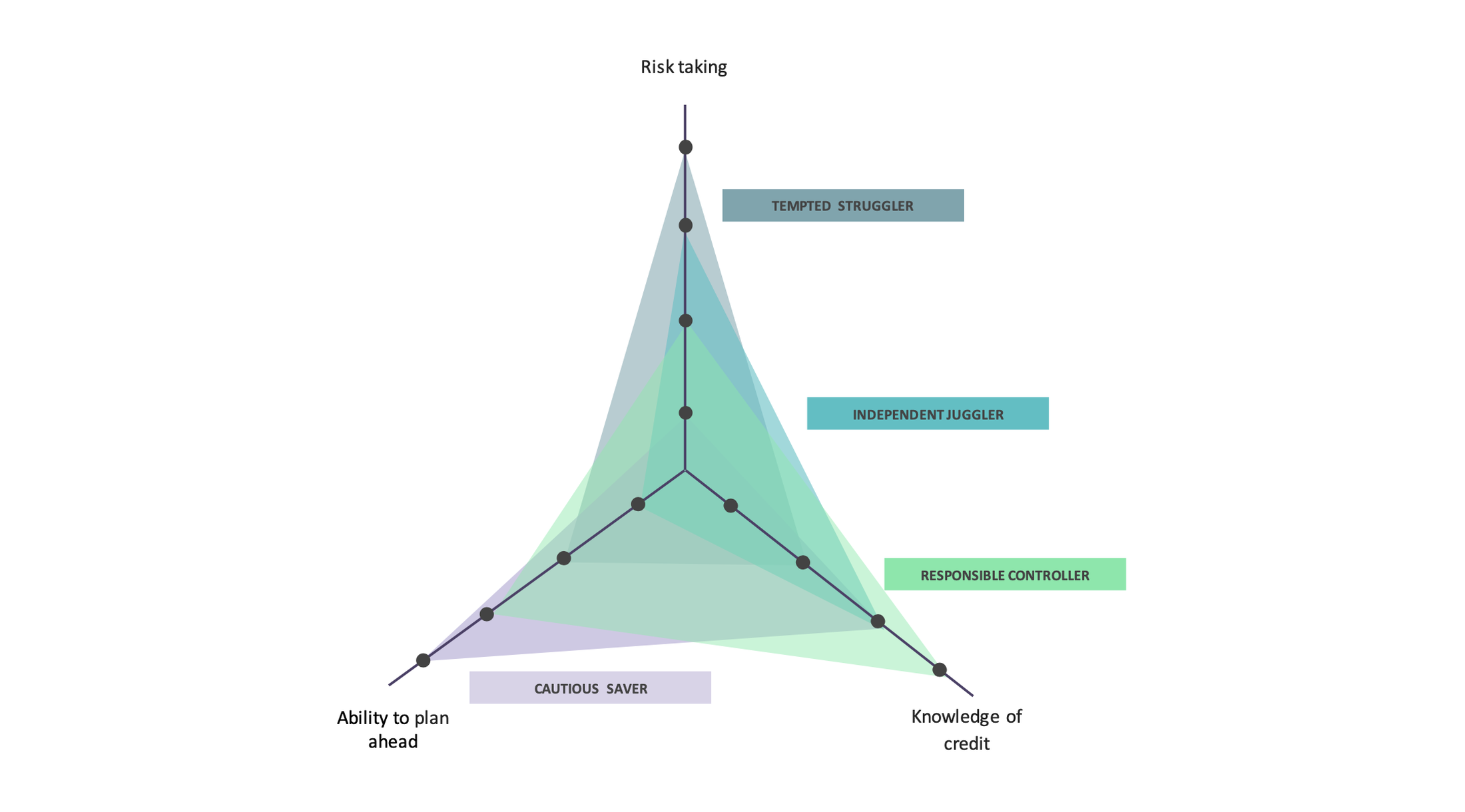 Persona framework showing risk taking, ability to plan ahead, and knowledge of credit